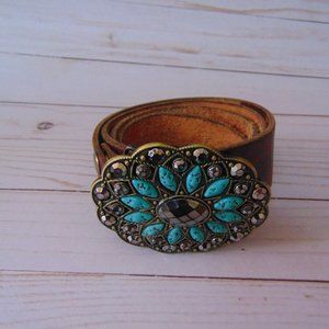 Western Tooled Leather Belt with Turquoise Buckle